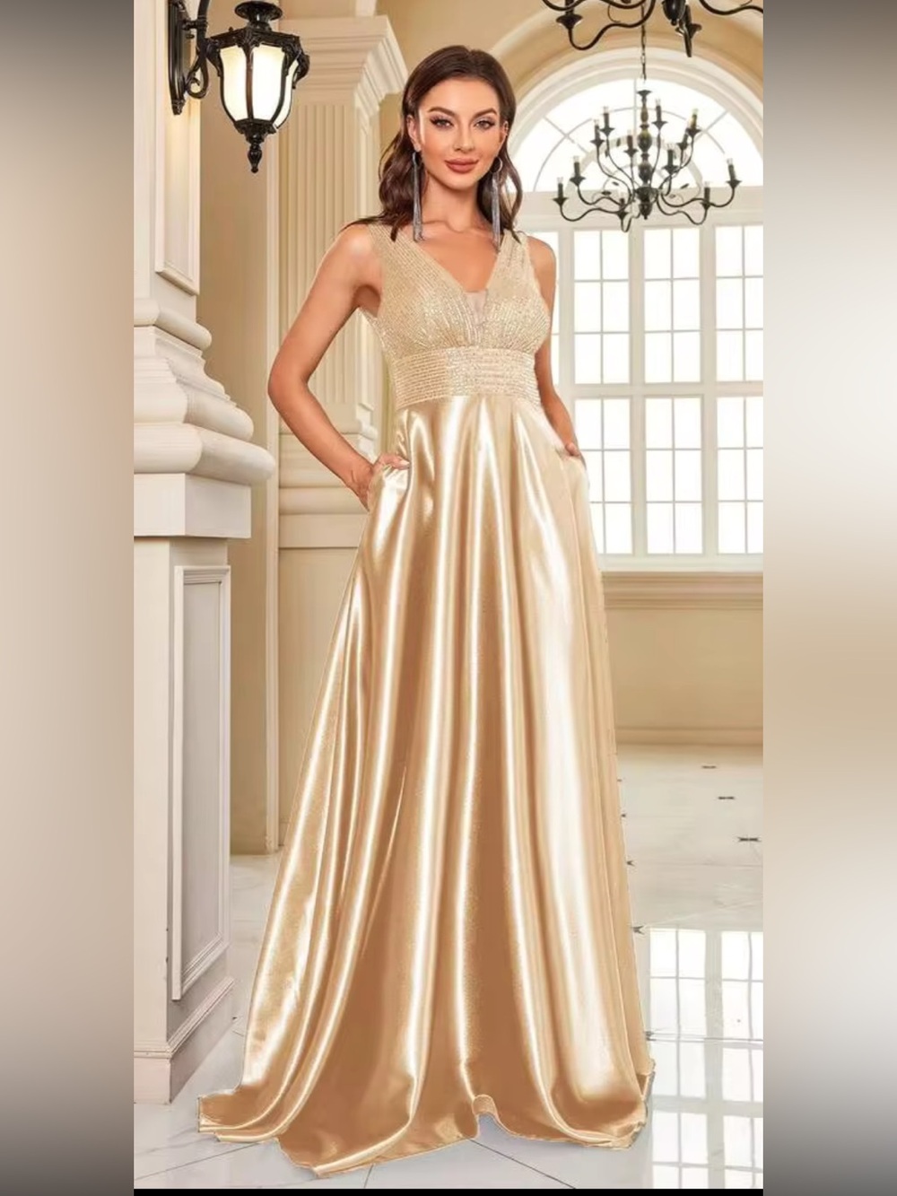 Elegant Gold V-Neck Evening Gown